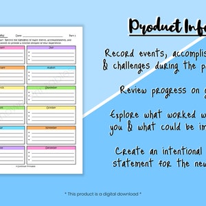 May include: Printable end-of-year review planner with a colorful monthly calendar layout.  The planner is designed to help you record events, accomplishments, and challenges during the past year.  It also includes prompts to review progress on goals, explore what worked well and what could be improved, and create an intentional vision statement for the new year.