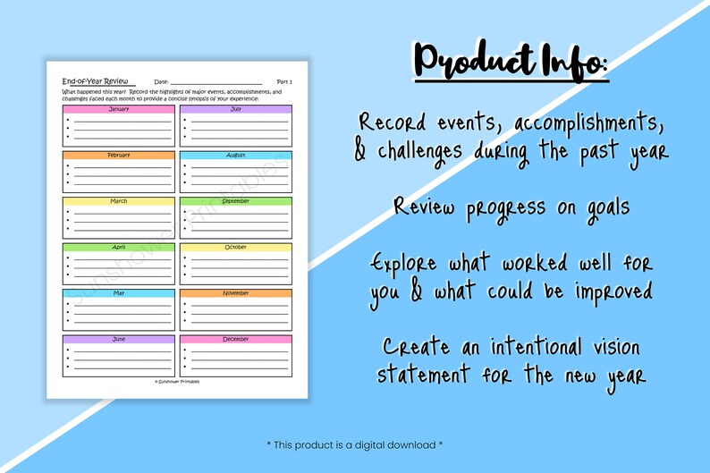 May include: Printable end-of-year review planner with a colorful monthly calendar layout.  The planner is designed to help you record events, accomplishments, and challenges during the past year.  It also includes prompts to review progress on goals, explore what worked well and what could be improved, and create an intentional vision statement for the new year.