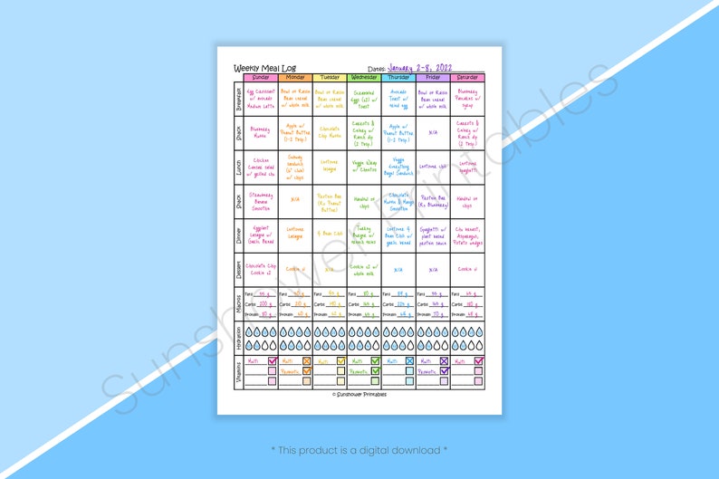 Weekly Meal Log Printable Chart Nutrition Record Diet - Etsy