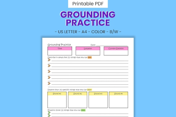 Grounding Practice Printable Therapy Worksheet - Emotion Regulation, Panic Attack & Anxiety Coping, Dissociation Self Help, Digital Download