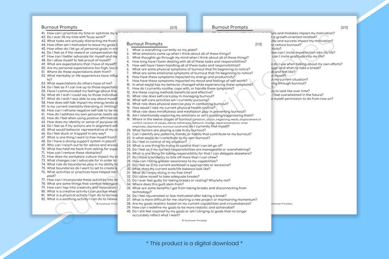 May include: Two pages of printable worksheets with a list of prompts to help with burnout. The title of the worksheet is "Burnout Prompts".