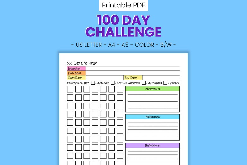 100 Day Challenge Printable Tracker Daily Goal Setting - Etsy