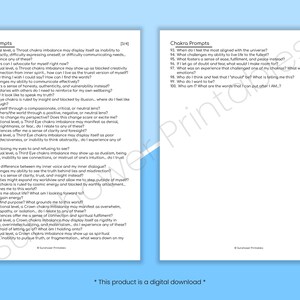 May include: Two pages of printable chakra prompts with a blue background. The prompts are numbered and ask questions about the chakras, such as "What challenges my ability to see the truth behind lies and misdirection?" and "What activities might expand my cosmic energy and allow me to step outside of myself?"