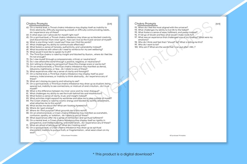 May include: Two pages of printable chakra prompts with a blue background. The prompts are numbered and ask questions about the chakras, such as "What challenges my ability to see the truth behind lies and misdirection?" and "What activities might expand my cosmic energy and allow me to step outside of myself?"