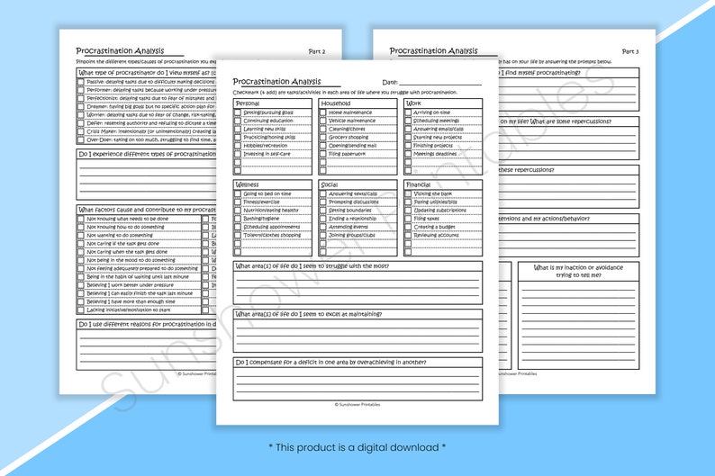 Procrastination Analysis Printable Worksheets ADHD Behavior - Etsy
