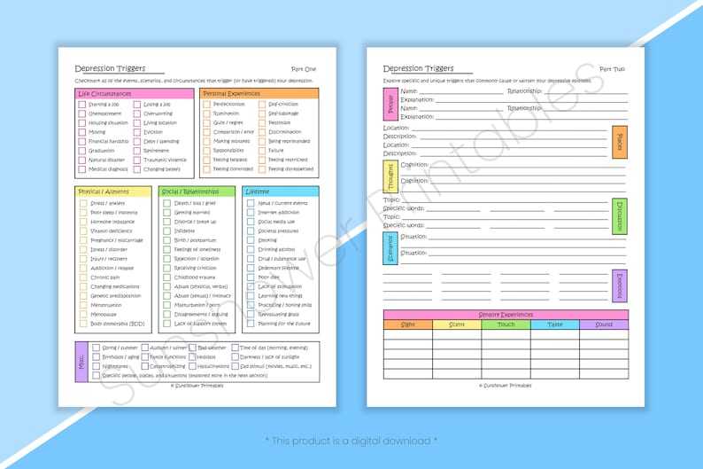Depression Triggers Printable Checklist - Self Awareness Worksheet, Mental Health Questionnaire, Self Help Journal Prompts, Digital Download image 2