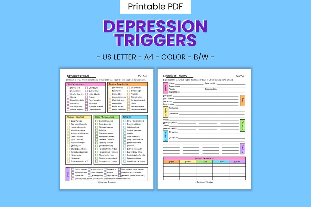 Depression Triggers Printable Checklist - Self Awareness Worksheet ...