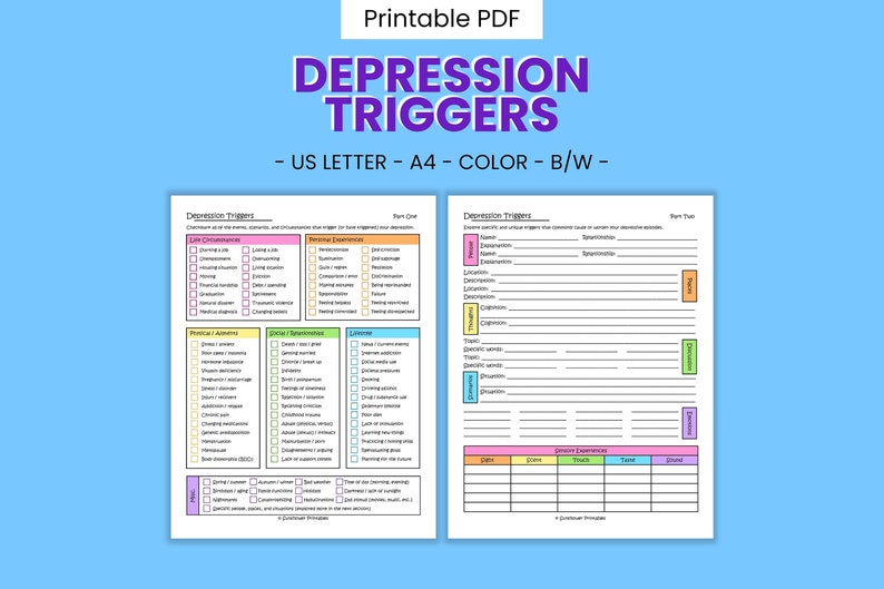 Depression Triggers Printable Checklist - Self Awareness Worksheet, Mental Health Questionnaire, Self Help Journal Prompts, Digital Download image 1
