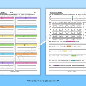 May include: A printable end-of-year review worksheet with sections for reflecting on accomplishments, challenges, and goals. The worksheet is divided into two parts, with the first part focusing on a monthly breakdown of the year and the second part focusing on overall reflections.