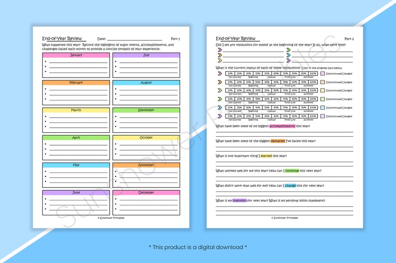 May include: A printable end-of-year review worksheet with sections for reflecting on accomplishments, challenges, and goals. The worksheet is divided into two parts, with the first part focusing on a monthly breakdown of the year and the second part focusing on overall reflections.