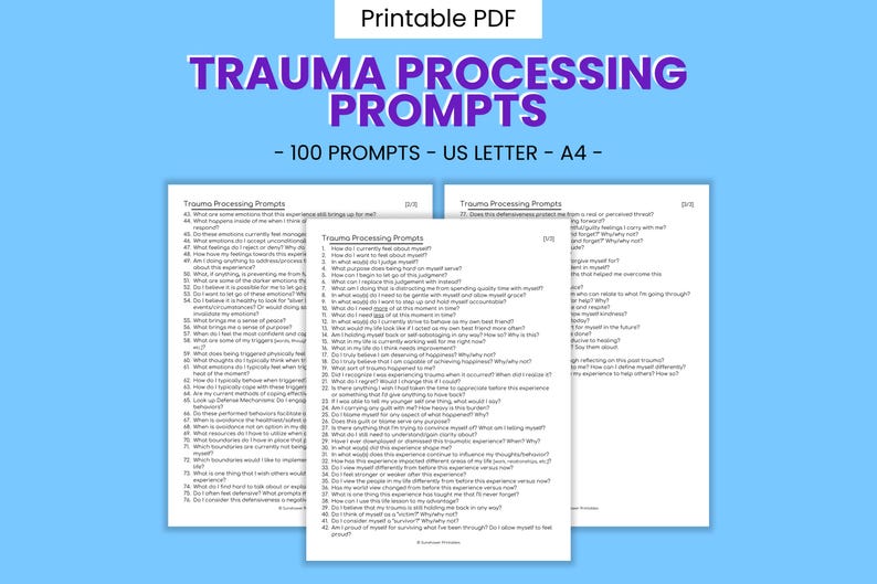 May include: A printable PDF document with the title "Trauma Processing Prompts" and 100 prompts for processing trauma. The document is divided into three pages, each with a different set of prompts.
