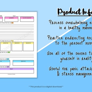 May include: Printable grounding practice worksheet with a light blue background. The worksheet has a title "Grounding Practice" and includes sections for time, location, current emotion, five things you can see, four things you can hear, three things you can feel, two things you can smell, and one thing you can taste.