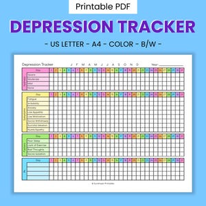 May include: A printable depression tracker in color or black and white. The tracker includes sections for mood, symptoms, and sleep. The tracker is designed for use with a US Letter or A4 size paper.