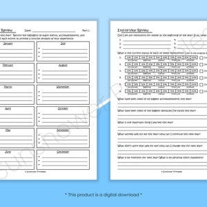 May include: Black and white printable end-of-year review worksheet for teachers and students. The worksheet includes sections for reflecting on goals, accomplishments, and challenges throughout the year.