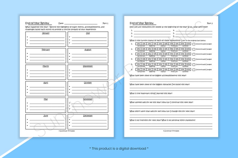 May include: Black and white printable end-of-year review worksheet for teachers and students. The worksheet includes sections for reflecting on goals, accomplishments, and challenges throughout the year.