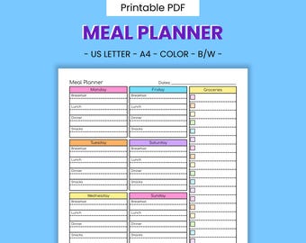 Meal Planner Printable Diet Aid - Nutrition Tracker, Meal Prep & Food Journal, Intuitive Eating, Healthy Weight Loss, Grocery List PDF