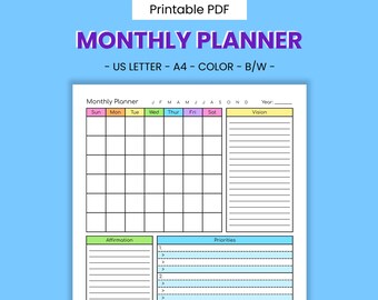 Monthly Planner Printable Schedule - Priority Task List, Vision Statement, Manifest Goal Success, Daily Productivity Agenda, Weekly Calendar