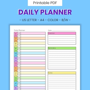 Op de afbeelding: Een afdrukbare dagplanner met een kleurrijk ontwerp. De planner bevat secties voor tijdvakken, intenties, herinneringen en notities. De tekst "DAILY PLANNER" wordt in het paars weergegeven, met opties voor US Letter, A4, kleur en Z/W.