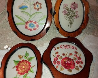 Vintage set of 4 Cypriot embroidered framed pictures exquisite floral needlework highly collectable Christmas gift ships worldwide