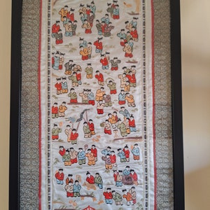 Antique silk embroidered panel stunning 100 children framed vibrant colours statement wall hanging rare item ships worldwide