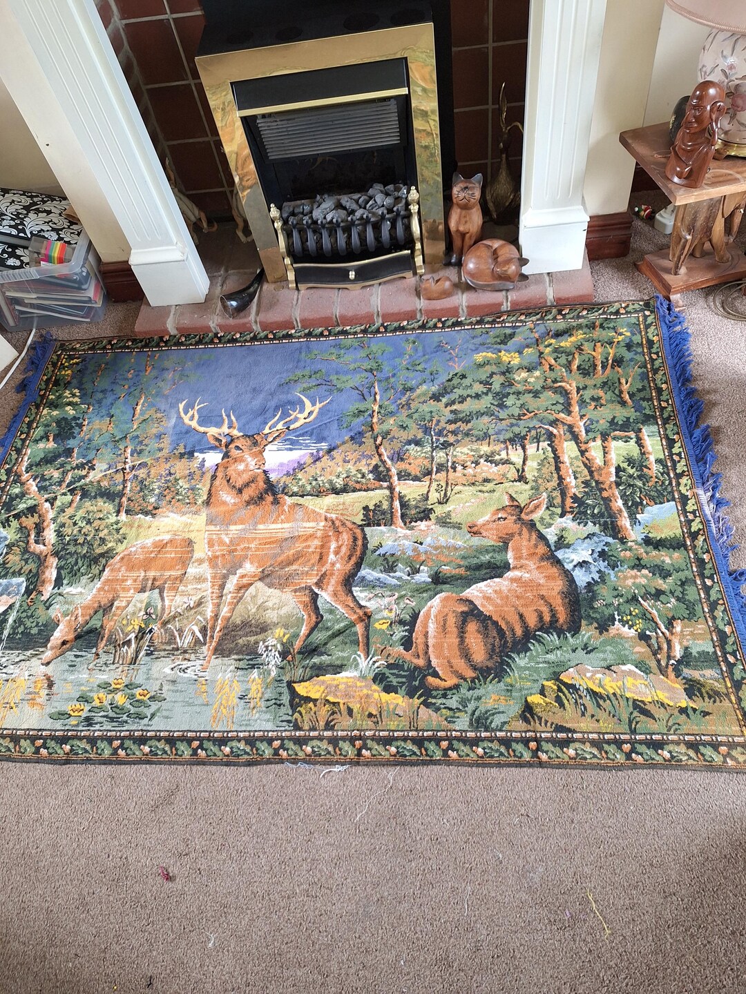 Stunning Vintage Velvet Effect Stag and Forest Floor Rug Retro Hard to ...