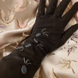 Genuine vintage suede gloves black beaded evening gloves 1950s, stylish statement gloves ships worldwide free UK shipping
