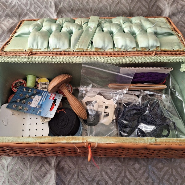Super authentic vintage sewing basket and contents sewing basket sewing supplies haberdashery items ships worldwide