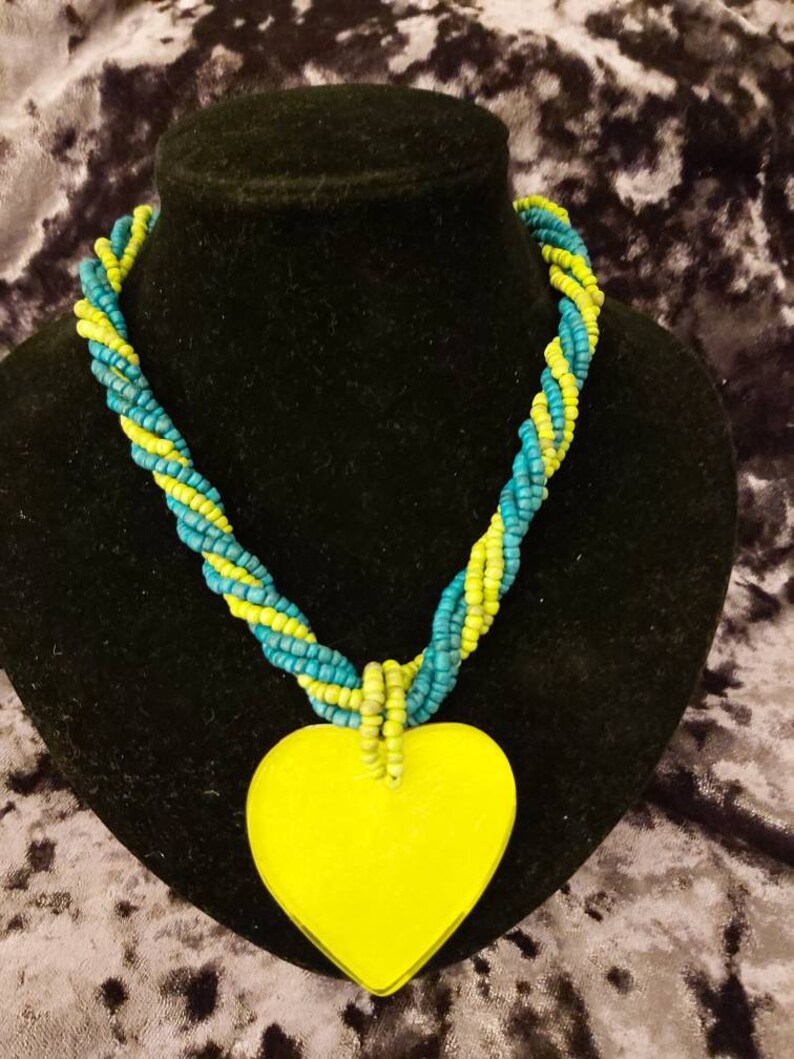 Vintage necklace beaded with neon yellow heart pendant gift boxed ships worldwide