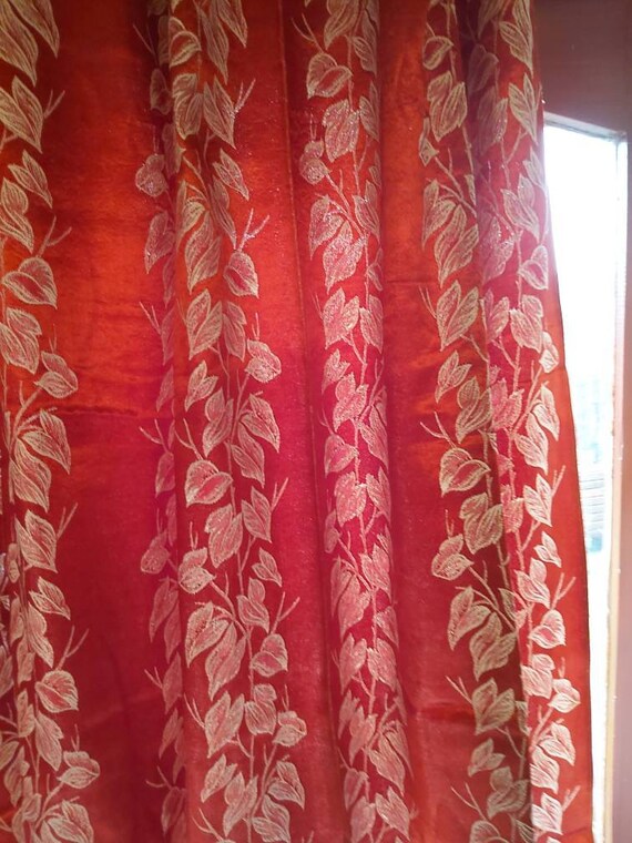 Vintage Curtains Red Satin Brocade With Embroidered Cream Etsy