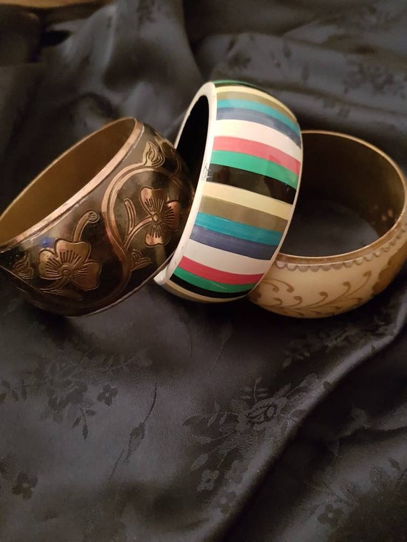5 original retro Vintage bangles wooden bracelets ladys hand painted 60s retro vintage jewellery