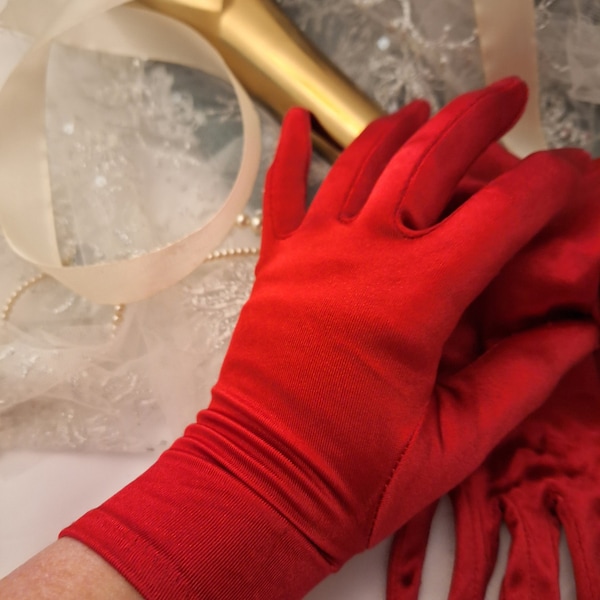 Lovely shiny red satin wrist length gloves pretty vintage gloves Christmas gift ships worldwide free UK shipping