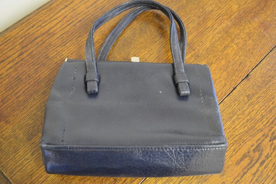 1970s vintage handbag/dark blue faux leather ladies purse/ridgid gilt frame/ships worldwide from UK
