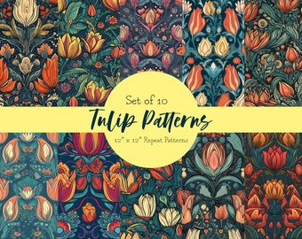 Vibrant Springtime Tulips Repeat Pattern: 10 Seamless Patterns Wallpaper/Digital Paper/Digital Scrapbook/Seamless pattern Instant Download