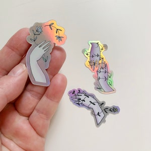 Set of 3 Petite Holographic Stickers : Hand and Flower Illustrations image 3