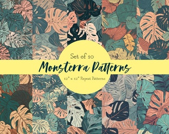 Monsterra Patterns: 10 Seamless Patterns Wallpaper/Digital Paper/Digital Scrapbook/Seamless pattern