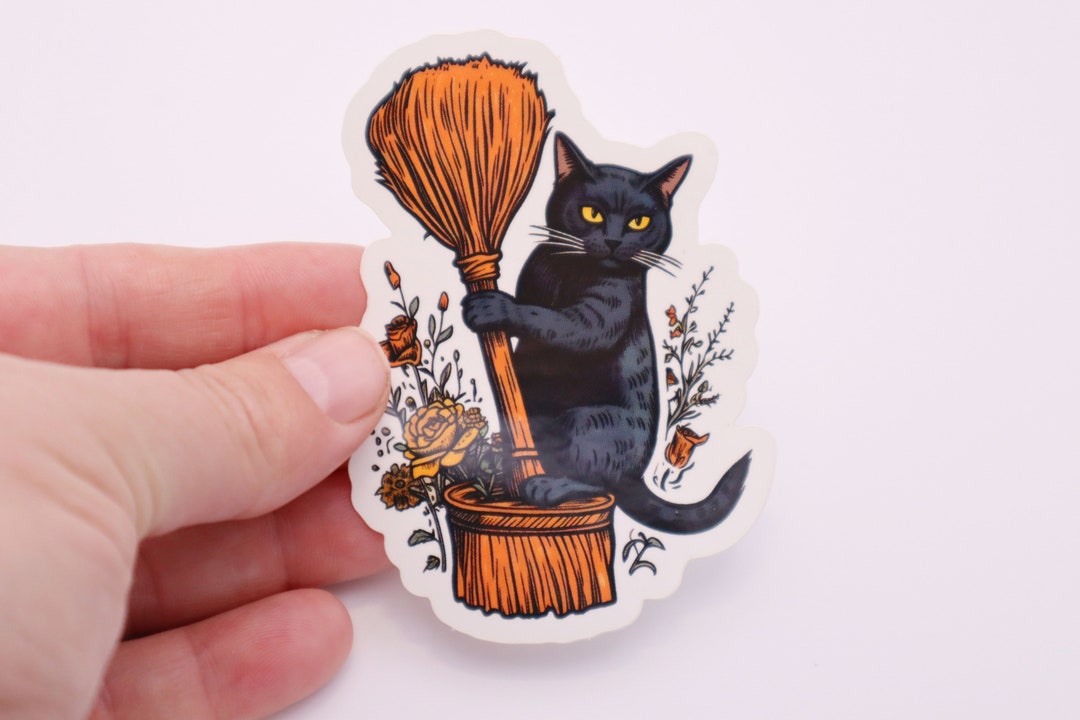 Witch Cat on a Broom - Halloween Die Cut Vinyl Sticker - Etsy