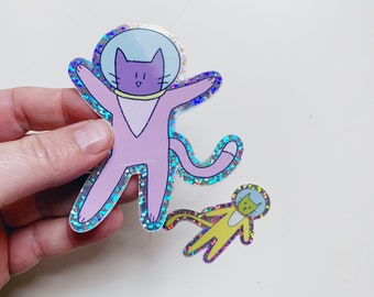 Glitter Astronaut Space Cat Vinyl Sticker Set - Set of 2 Die Cut Glitter Stickers