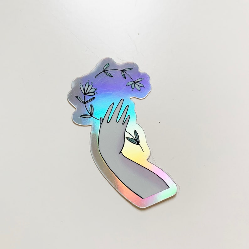 Set of 3 Petite Holographic Stickers : Hand and Flower Illustrations image 8