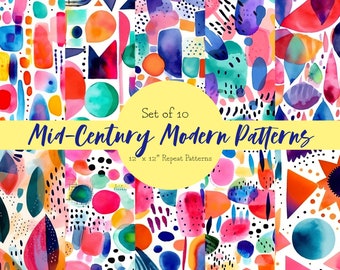 Mid-century Modern Inspired Abstract Watercolor Patterns: 10 Seamless Patterns Wallpaper/Digital Paper/Digital Scrapbook/Seamless pattern