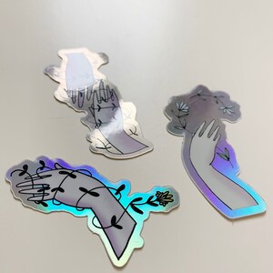 Set of 3 Petite Holographic Stickers : Hand and Flower Illustrations image 2