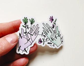 Illustrated Hands and Flower Die Cut Sticker
