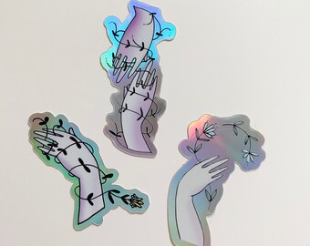 Set of 3 Petite Holographic Stickers : Hand and Flower Illustrations