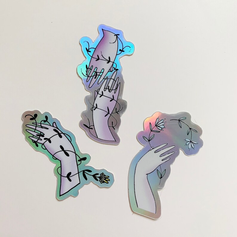 Set of 3 Petite Holographic Stickers : Hand and Flower Illustrations image 1