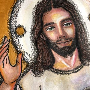 May include: A close-up portrait of Jesus Christ with long brown hair and a beard. He is wearing a white robe and has a halo around his head. The background is a gold color.