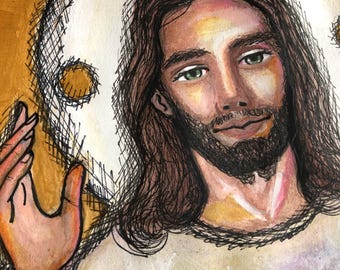 May include: A close-up portrait of Jesus Christ with long brown hair and a beard. He is wearing a white robe and has a halo around his head. The background is a gold color.