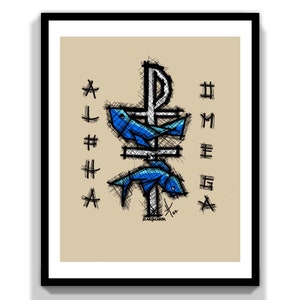 Puede incluir: Una ilustración digital de una cruz con dos peces azules sobre ella. Las letras "IXΘΥΣ" están escritas verticalmente a cada lado de la cruz. El fondo es de color marrón claro.