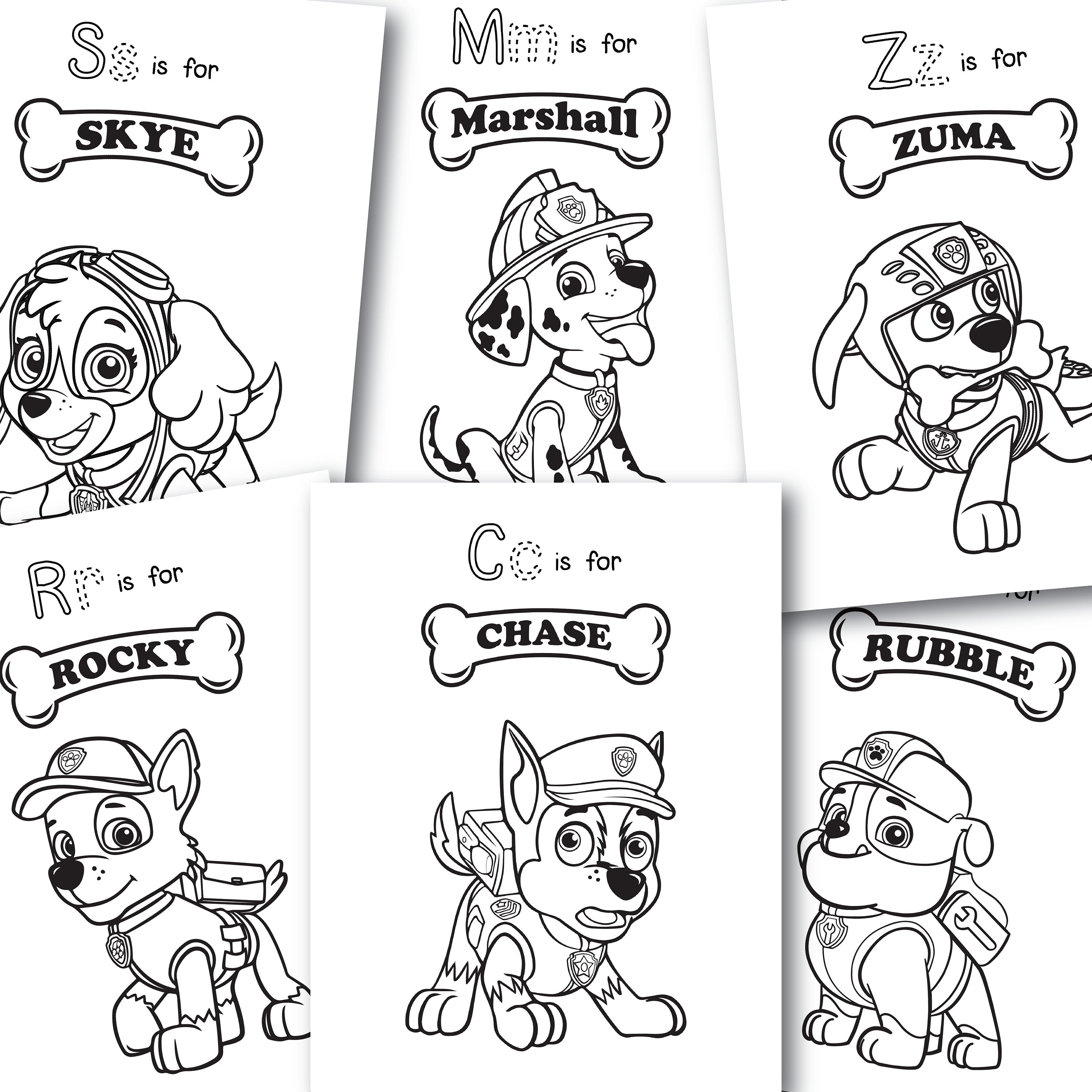Paw Patrol Coloring Pages for Kids, Printable Coloring Sheets, Chase, Marshall, Skye, Rubble, Rocky, Zuma, Activities for Kids, Set of 6