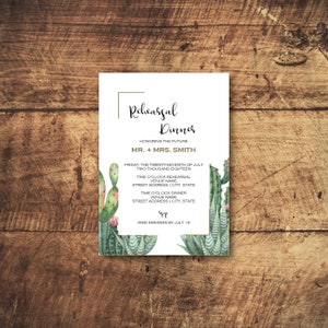 Plantilla de invitación a cena de ensayo de cactus verde/dorado, ensayo de boda imprimible, invitación de ensayo imprimible, descarga instantánea, editable