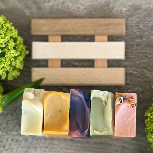 Sample Soap Gift Set with Soap Dish - Handmade Soap Gift - Set of 5 Cold Pressed Soaps -  Sample Soap Set - Cedarwood Soap Dish