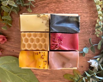 Luxury Soap Sample Gift Box - Set of 6 Natural Soap Samples + Soap Saver Pouch  - Handmade Soap Sampler in Wood Box - Gift for Her or Him